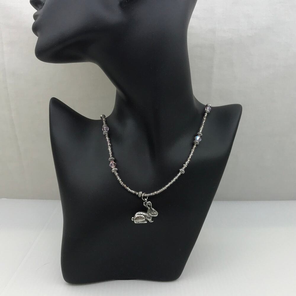 Cottagecore Bunny Pendant Beaded Silver Tone Handmade Necklace